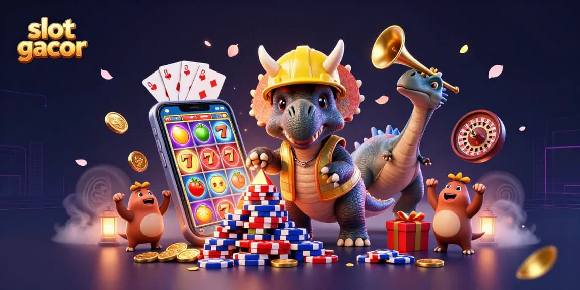Experience slot gacor excitement with a vibrant 3D casino scene filled with characters and gaming elements.
