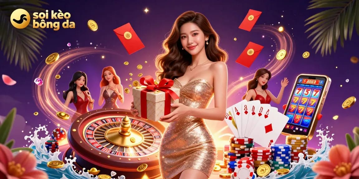 Soi kèo bóng đá analysis: A beautiful Asian woman in a festive casino scene surrounded by coins and gaming elements.