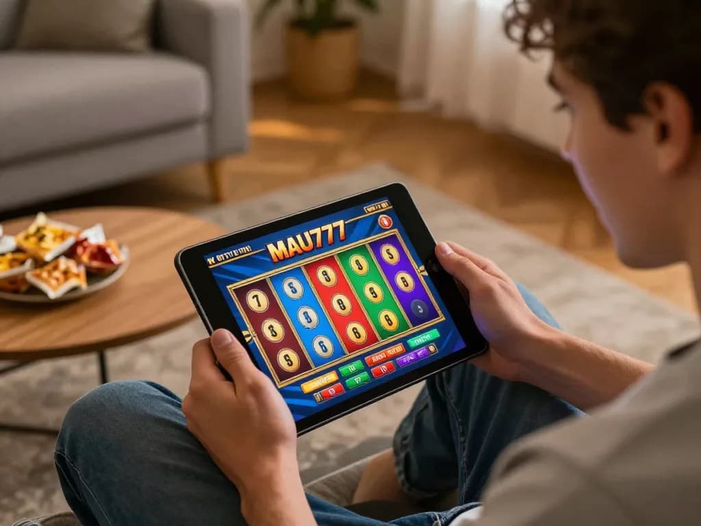 Experience thrilling gameplay with mau777 slot game on a cozy tablet setup, highlighting excitement and strategy.
