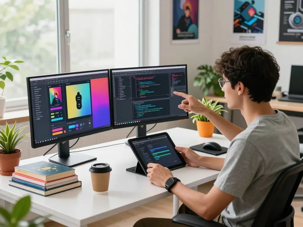 Creative workspace featuring software engineer using image to prompt ai tool with dual monitors in a modern office.