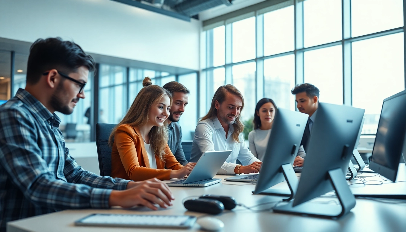 Emphasizing Technology, a diverse team collaborates in a sleek office setting with modern gadgets.