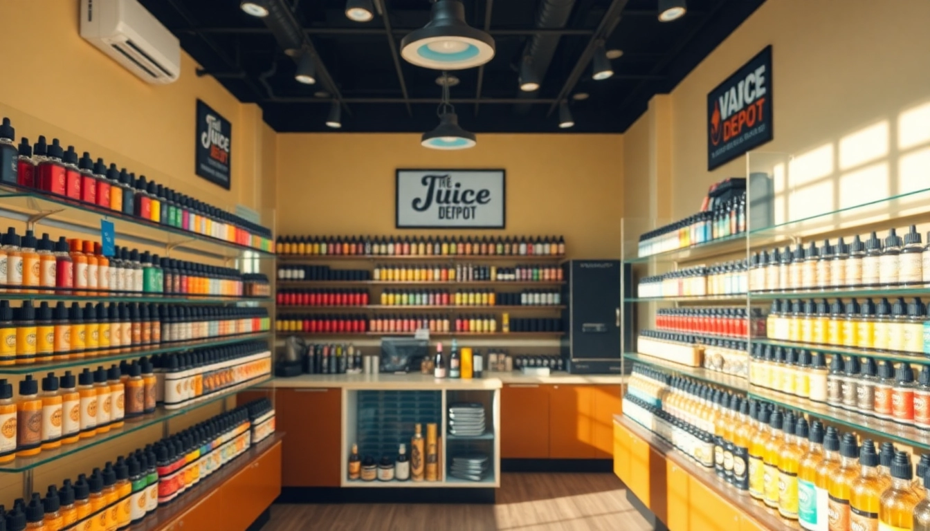 Explore a vibrant display of Vape Juice Depot products in a well-lit vape shop.