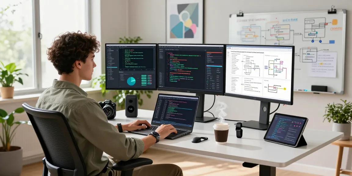 Engaged software engineer developing crush ai algorithms in a modern workspace with multiple screens.