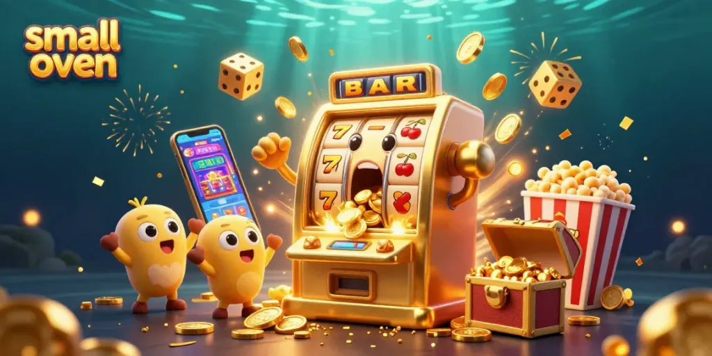 Engaging scene with a small oven-style golden slot machine celebrating a jackpot win amidst casino-themed elements.