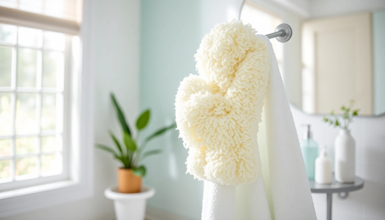 Hand loofah glove hanging in a bright bathroom, showcasing vibrant colors and textures.