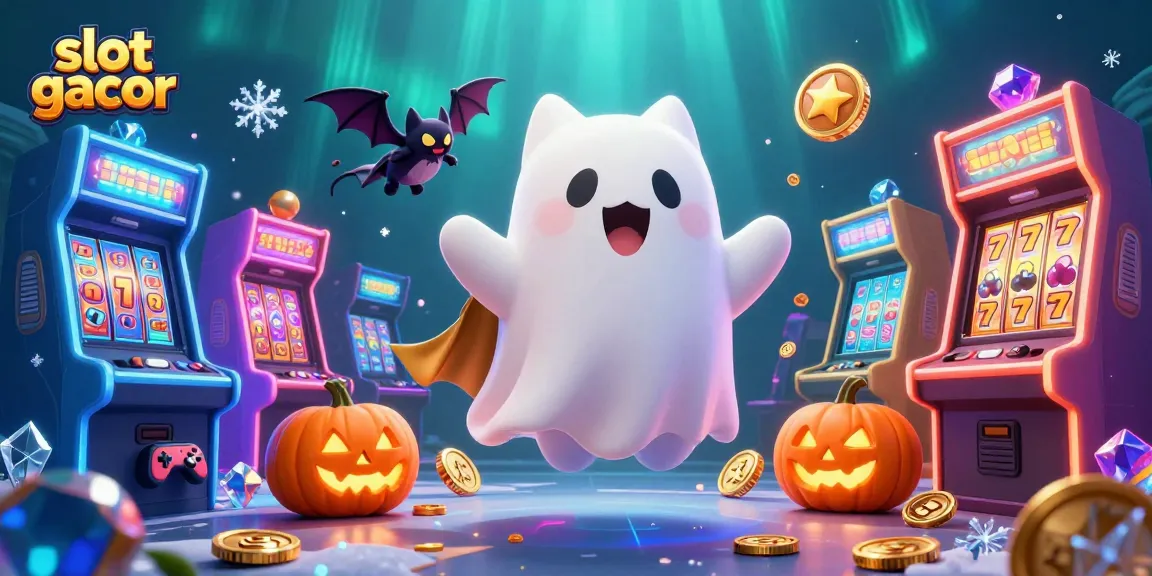 Spin to win with slot gacor action in a vibrant casino scene featuring a ghost cat and bat!