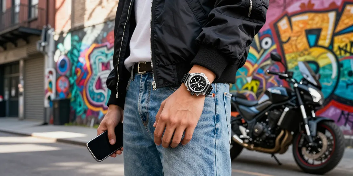 Fashion-forward individual displaying a super clone watch against vibrant city backdrop, embodying urban style and luxury.