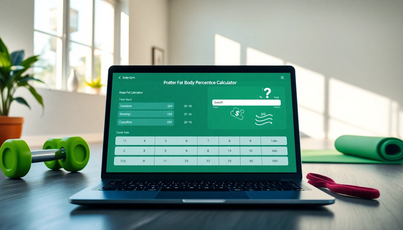 Utilize the body fat percentage calculator on a sleek laptop in a bright home gym setting.