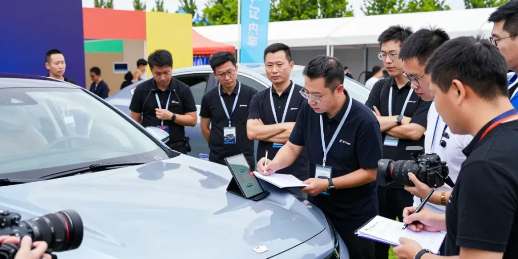 Engaging car reviews discussion among enthusiasts at an auto show with a modern sedan.