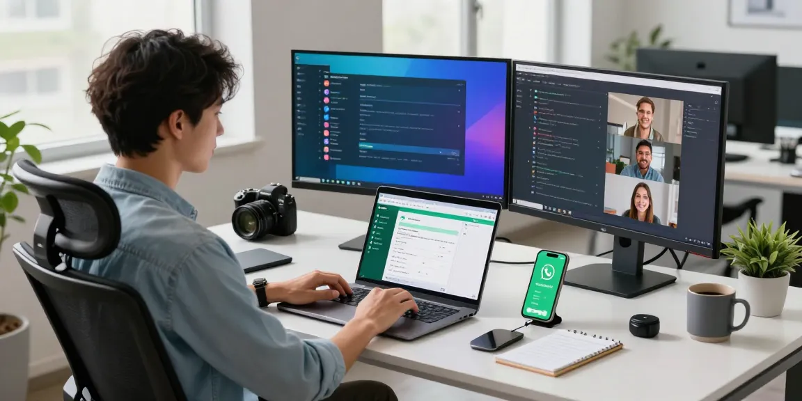 User interacting with WhatsApp電腦版 in a bright modern office space with vibrant chat interfaces and tech setup.