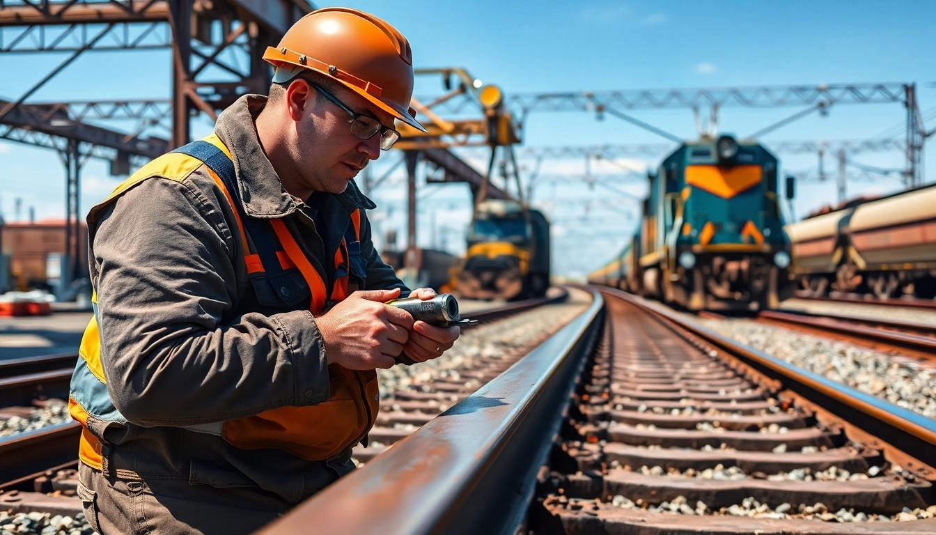 Track Inspectors Near Me assessing railroad tracks for safety and compliance in a professional setting.