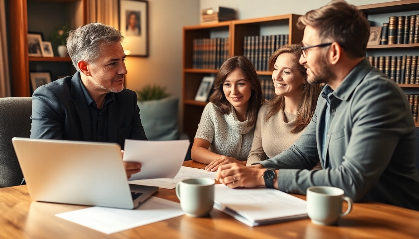 Learn about estate planning San Antonio with a financial planner and engaged family in a warm office.