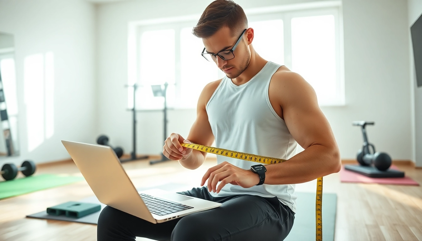 Calculate your body fat percentage calculator while measuring with a tape measure in a bright gym.