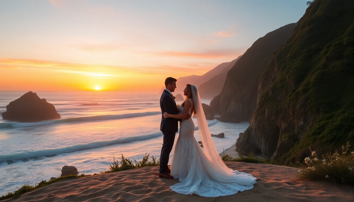Couple in Big Sur wedding photography ceremony by the ocean at sunset with floral arrangements