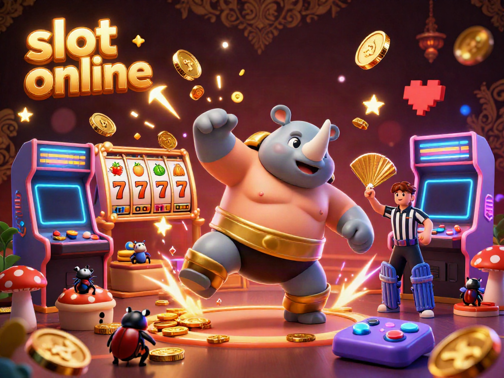 Bermain slot online dengan karakter kumbang badak sumo juara yang menginjak dan mengeluarkan koin emas, dikelilingi oleh mesin permainan