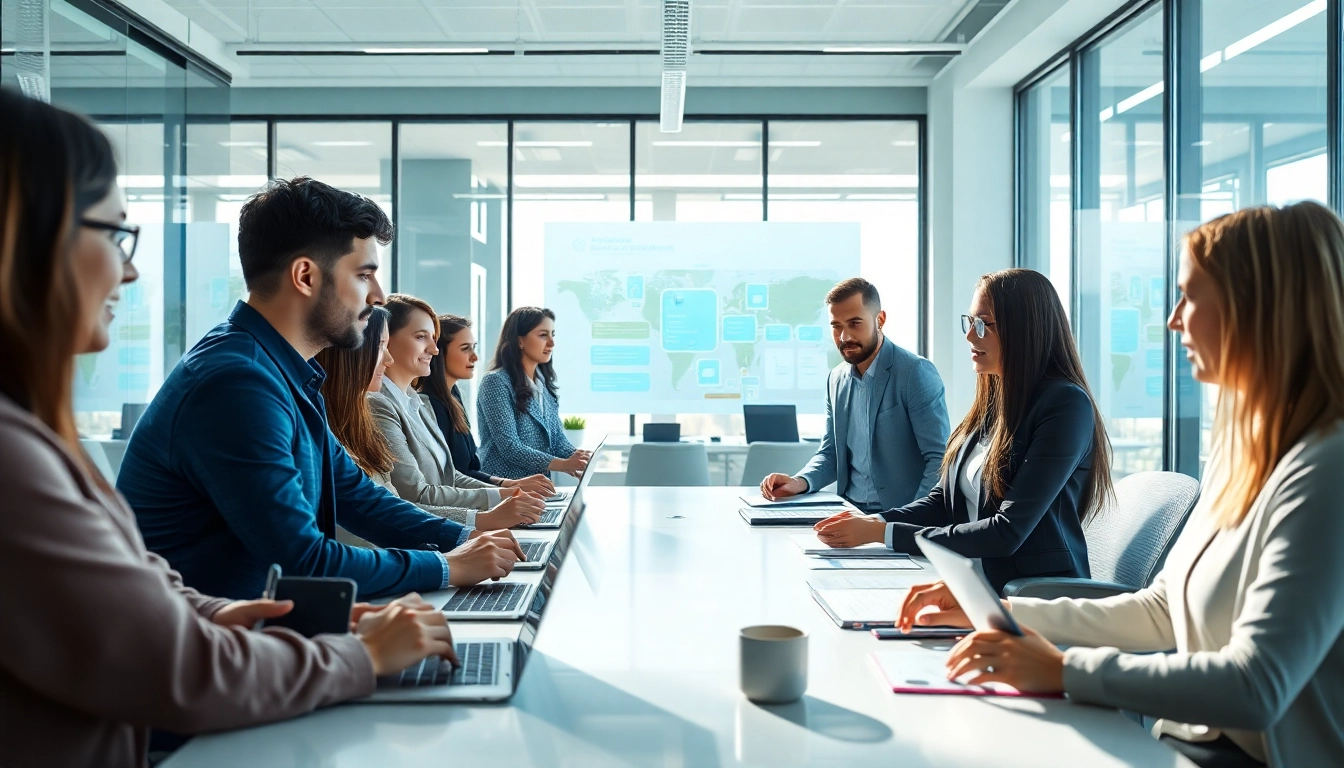 Showcase an AI assistant for enterprise teams facilitating collaboration, highlighting teamwork in a modern office setting.
