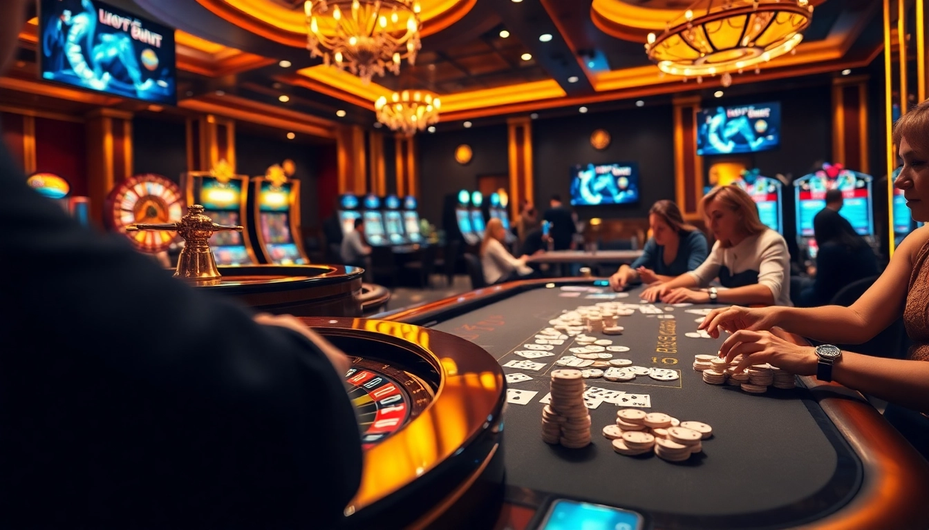Des joueurs profitant de l'excitation du casino en ligne france fiable avec des tables vibrantes et des décors élégants.