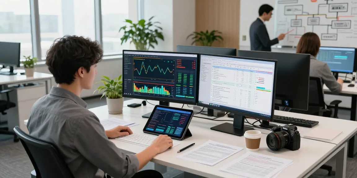 Asset tracing analyst working with advanced software and data in a modern office.