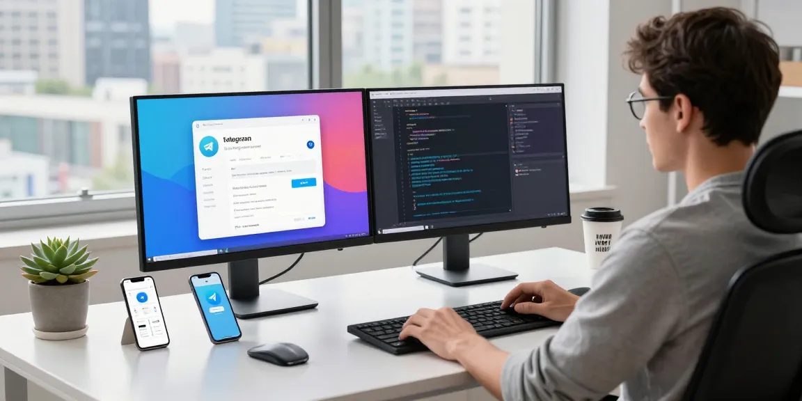 Exploring the Telegram中文版下载 app in a modern tech workspace with vibrant screens and a developer's setup.