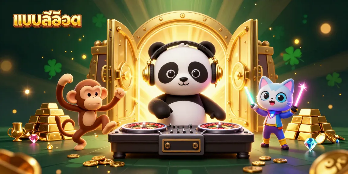 Experience exciting แบบสล็อต action featuring a DJ panda, dancing monkey, and glowing kitten in a lively casino setting.