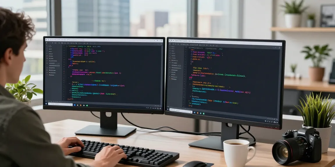 Coder on dual monitors displaying Notepad++ code editor at https://notepad-app.co/ in a modern workspace.