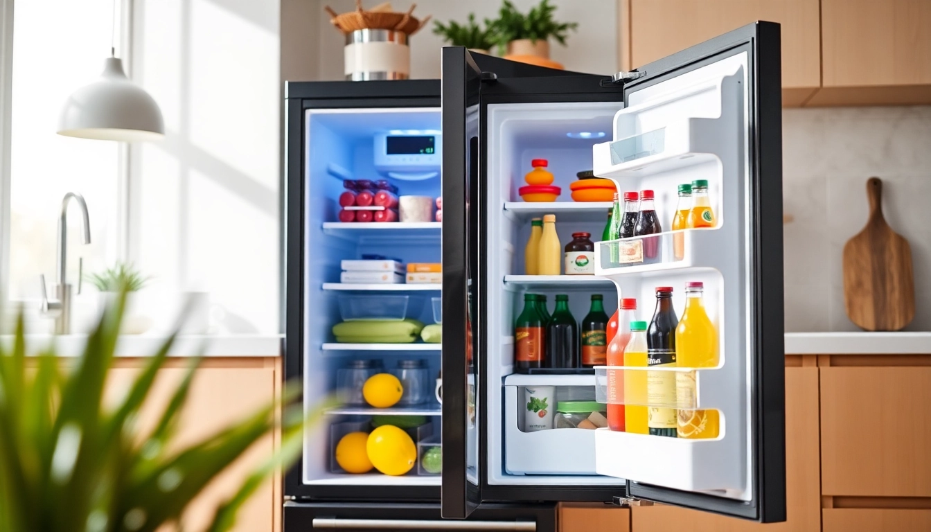 Showcasing an affordable mini fridge and freezer filled with fresh foods in a modern kitchen.