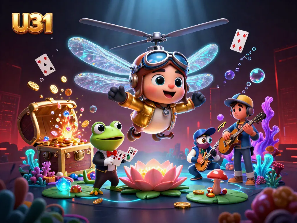 Experience thrilling U31 gameplay with a dragonfly pilot hovering over a casino scene full of vibrant elements.