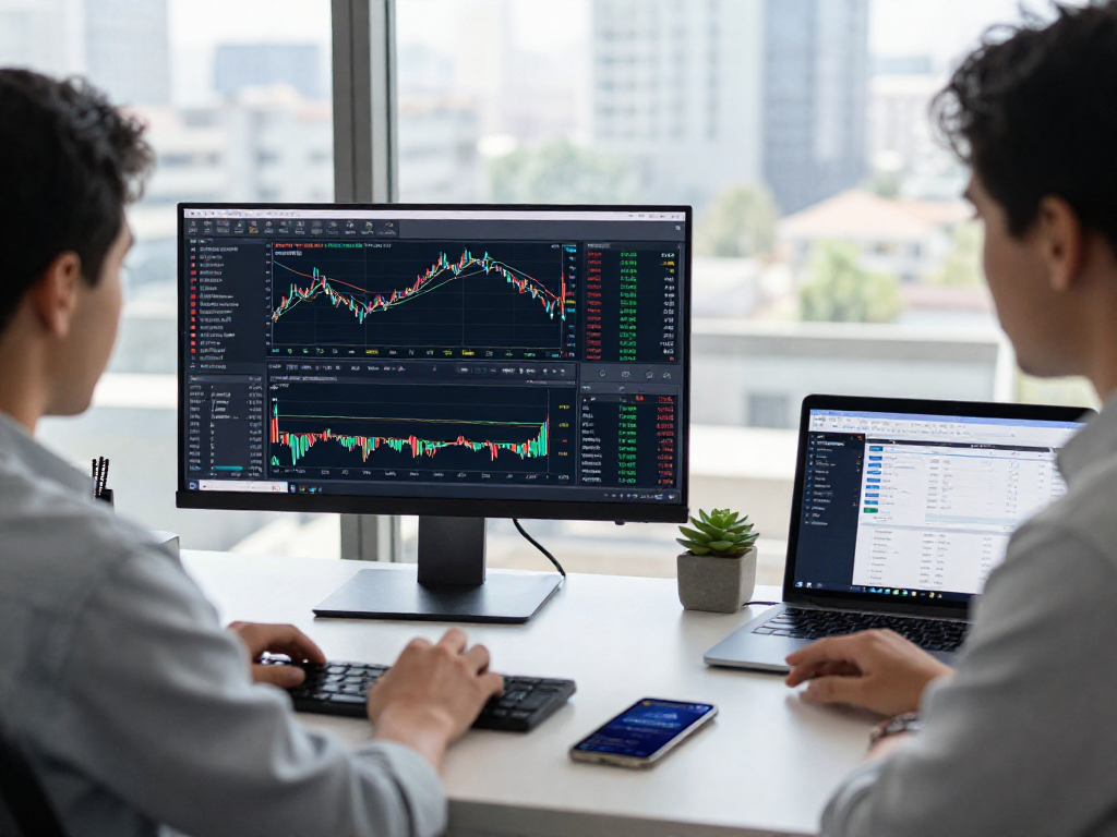 Trader analyzing market data on MetaTrader 5 platform in modern workspace.
