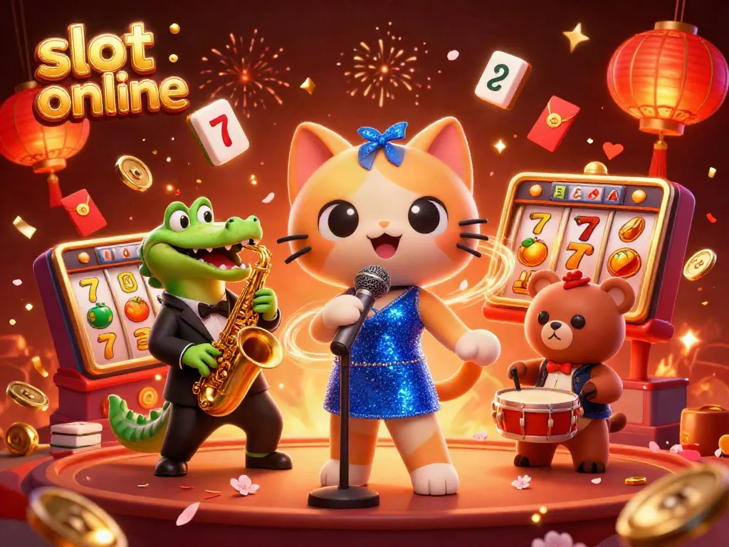 Bermain slot online dengan karakter lucu di pentas kasino penuh keceriaan dan warna.