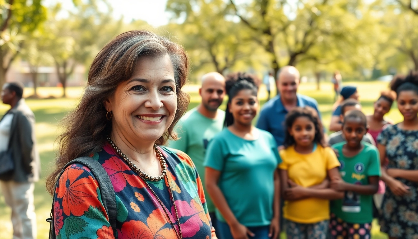 Philanthropist inspires community engagement in a vibrant park setting during a charitable event.