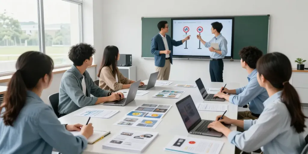 Elevi învățând la scoala auto alături de instructor.