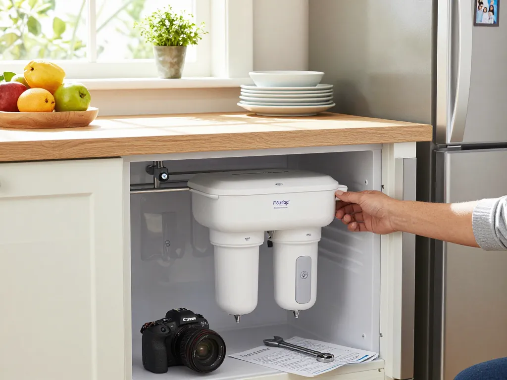 Installing Filterlogic FL-RF13 Replacement for GE® MWF® filter in a bright, modern kitchen, tools and fresh produce visible.