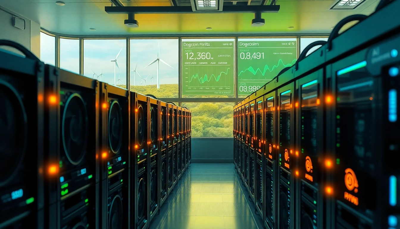 Visual representation of dogecoin cloud mining profit with advanced AI technology and renewable energy sources.