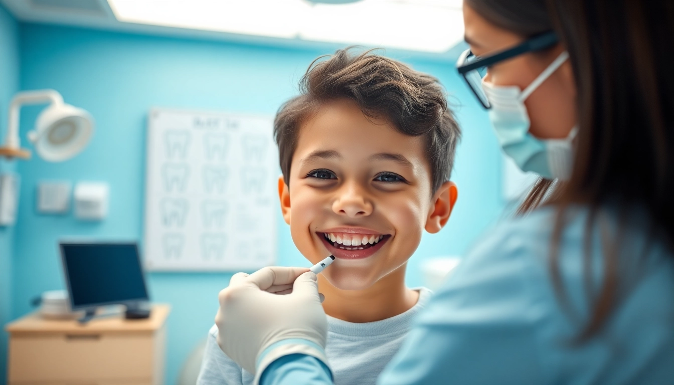 Orthodontist edmonton examining a child's teeth in a bright, welcoming dental clinic.