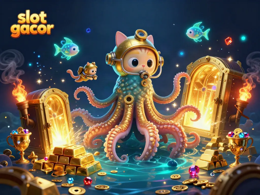 Gambar slot gacor yang menampilkan kraken raksasa, kucing penyelam, dan ikan laut bersinar.