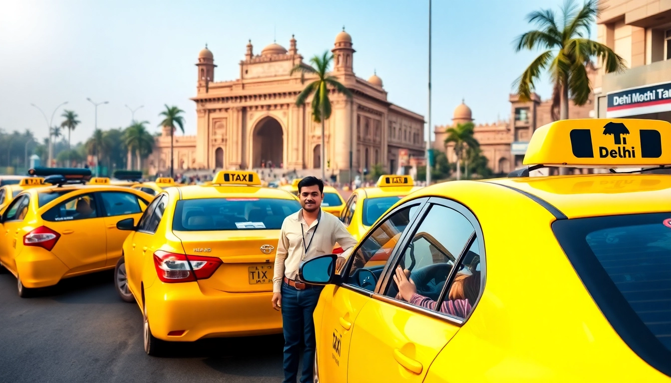 Delhi Taxi Service featuring vibrant yellow taxis in New Delhi, ready for passengers.
