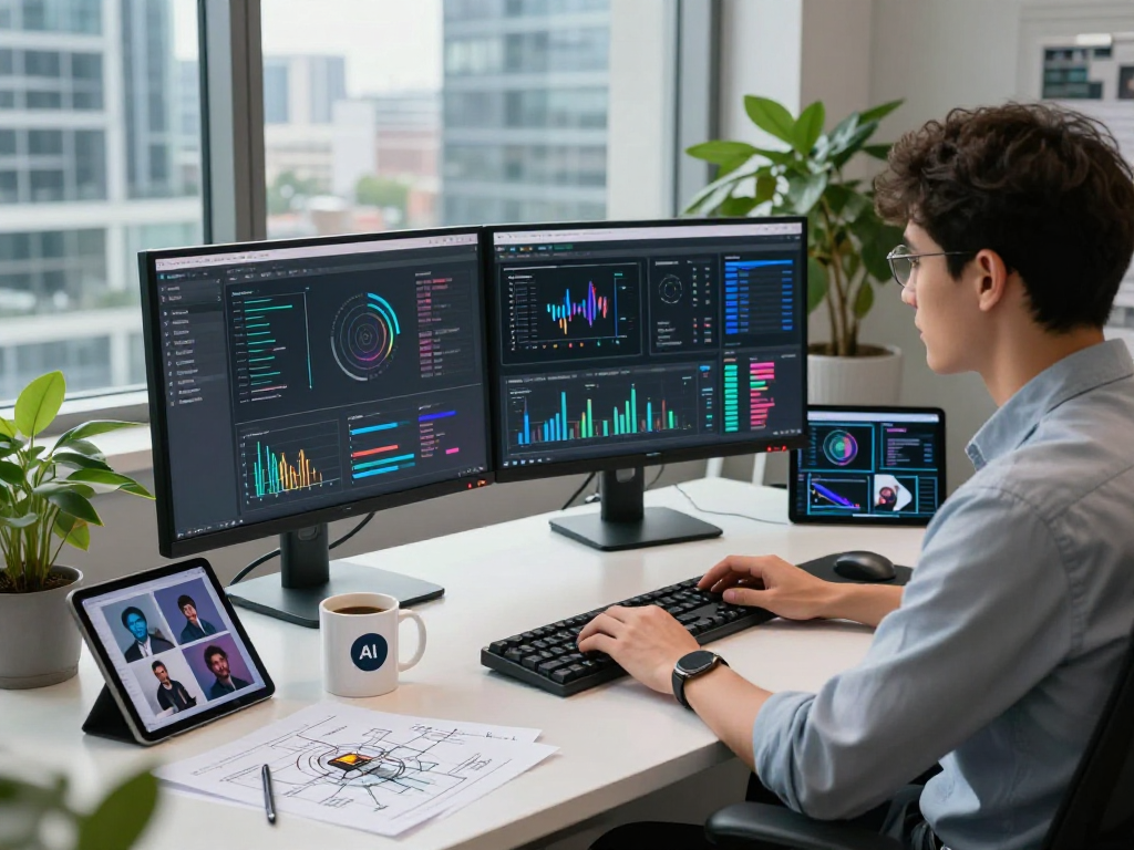 AI image detector workspace with a data analyst reviewing moderation dashboards and AI-generated images.