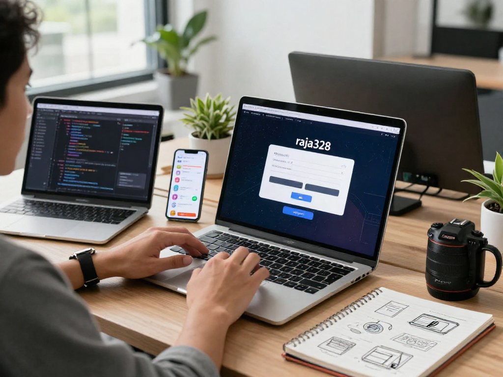 User engaging with raja328 login on a laptop in a modern tech workspace.