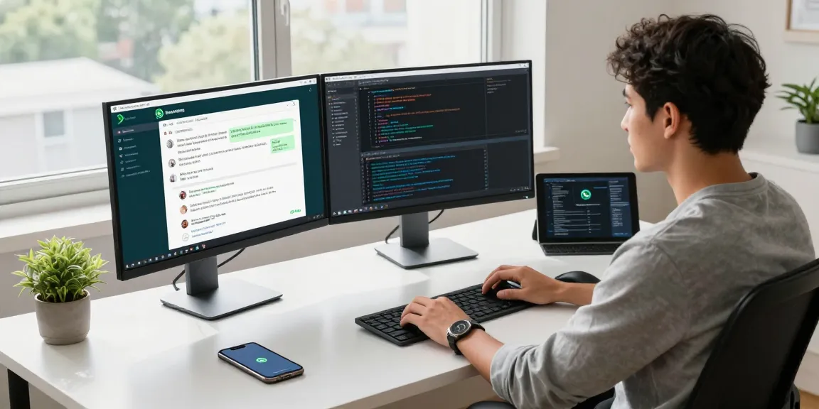 Developer using WhatsApp電腦版 in a modern workspace with dual monitors and natural light.