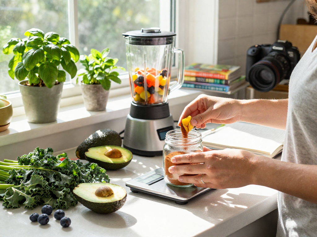 Vegan astaxanthin supplement being measured in a health-focused kitchen with fresh ingredients and morning light.