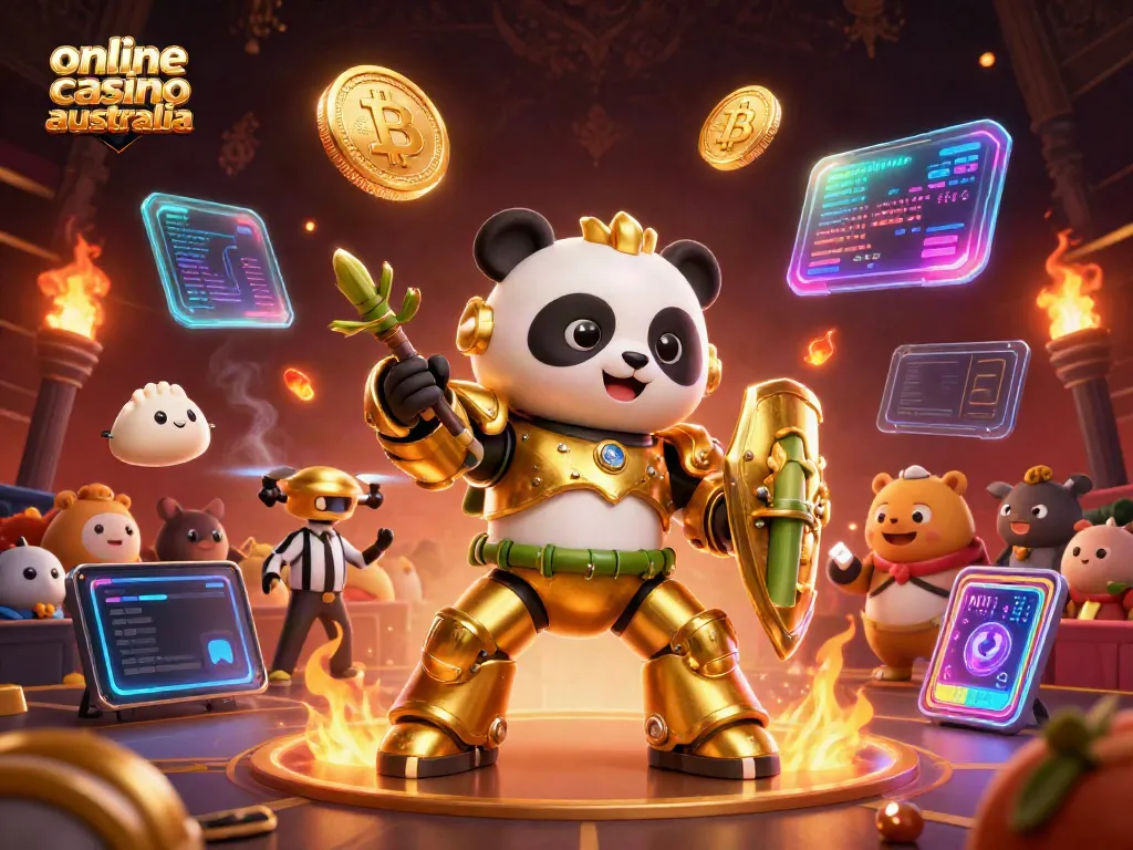Experience the thrill of online casino Australia with unique characters in a vibrant 3D illustration.
