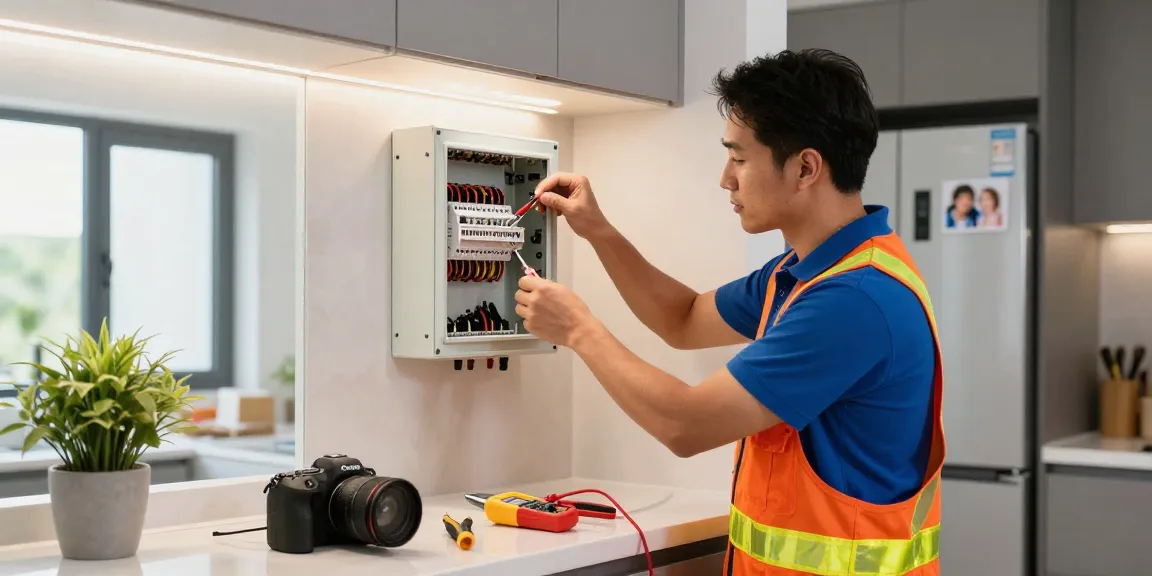 Electrician providing 24/7 electrical support while installing lighting fixtures in a modern kitchen.