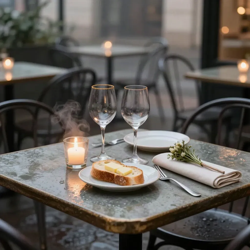 Rain-cleared bistro two-top with wine, bread, candle, bouquet and cream napkin at blue hour.