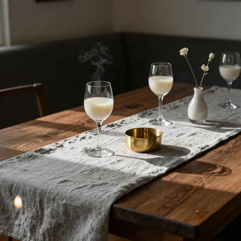 Candlelit dining table with linen runner, glasses, brass salt cellar, and bud vase in a moody room.