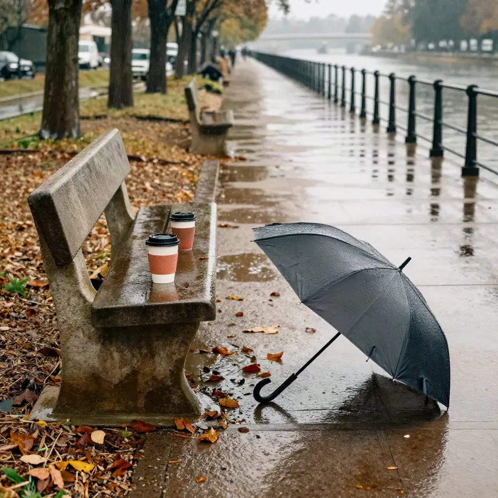 Rain-slick riverside path with coffee cups, umbrella, autumn leaves and reflections