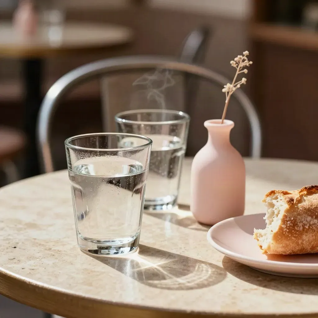 Macro of a café table set for a first date with water glasses, a bud vase, bread plate and pulled-back chair.