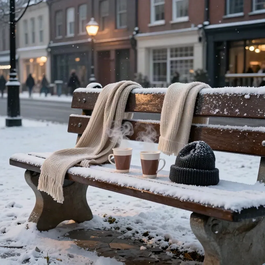 Snowy city bench with hot chocolate, scarf, beanie, and glowing streetlights at night