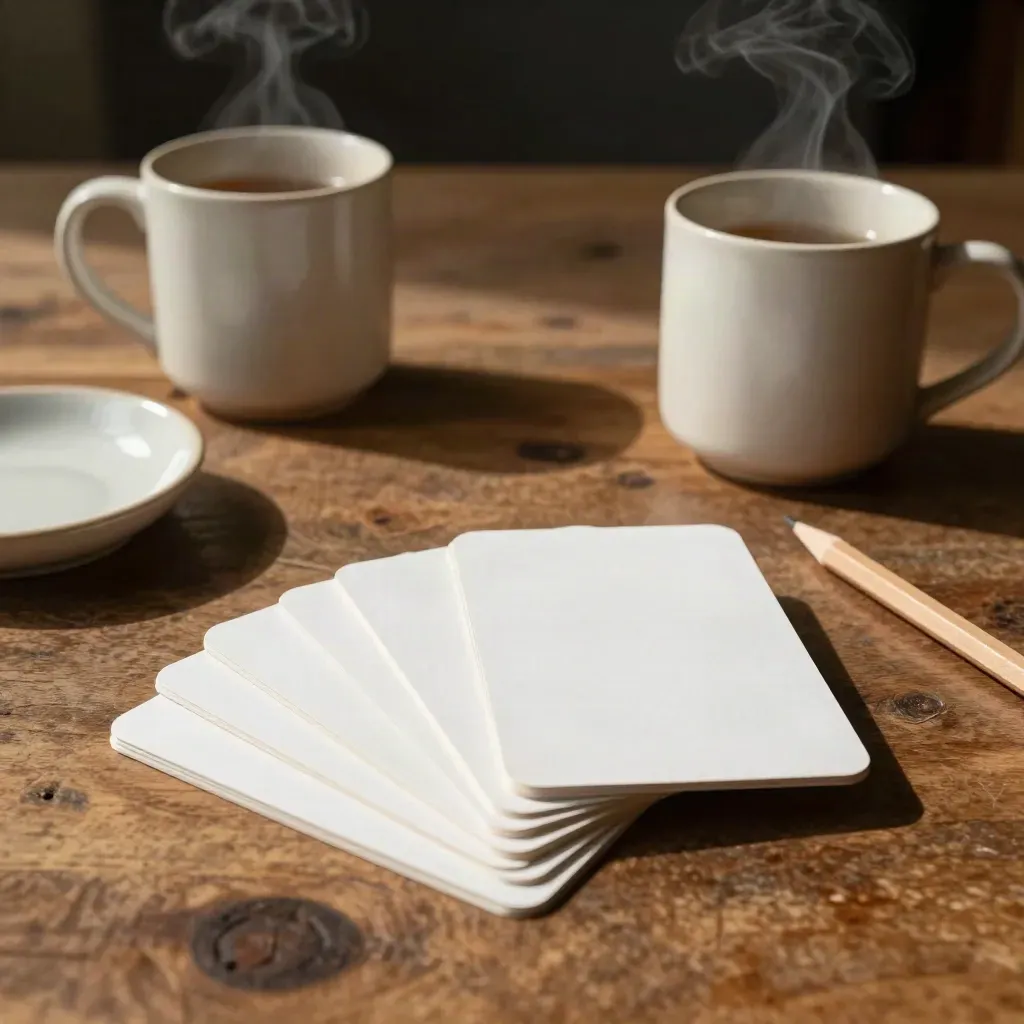 Overhead date-night cards, two tea mugs, pencil and ceramic dish on a walnut table.