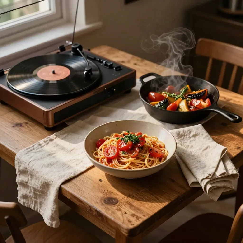 Top-down dinner spread with pasta, roasted vegetables, linen napkin and record player on a warm kitchen table