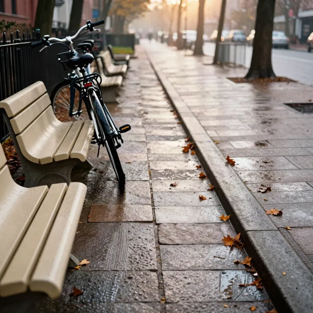 Wet leaf-lined city path with two bikes, a bench, and stone steps glowing at sunset.